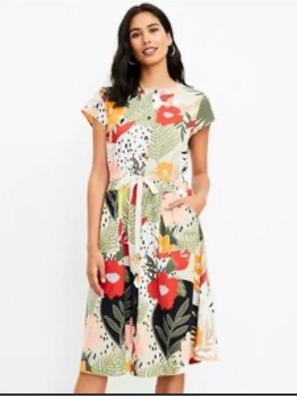 LOFT Multi-Color Floral Tie-Waist Midi Dress